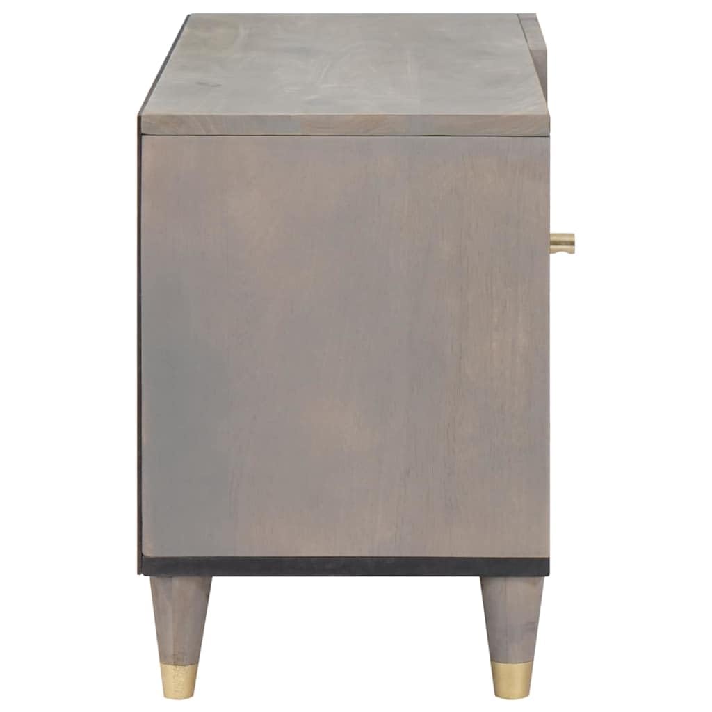 Mangloder - Mobile TV basso, in legno di mango massiccio, grigio, 80 x 33 x 46 cm, con mensola, pomelli in ottone e design serigrafato dorato, per soggiorno, home theater e gaming