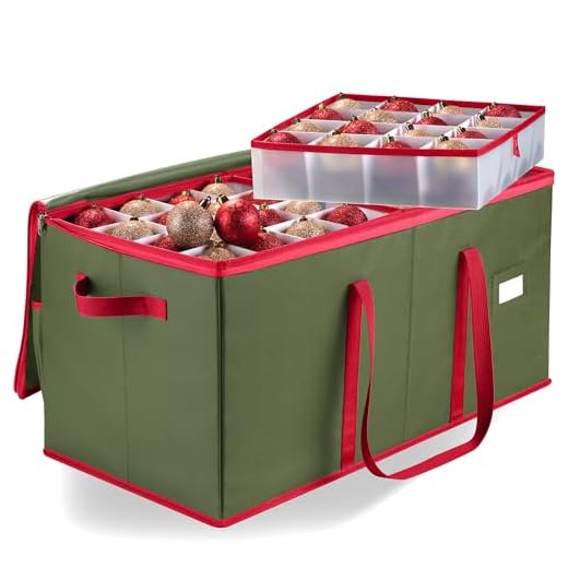 Christmas Ornament Storage - Stores up to 128 Holiday Ornaments, Adjustable Dividers, Zippered Top, Two Handles. Attractive Storage Box Keeps Holiday Decorations Clean and Dry for Next Season (Green)