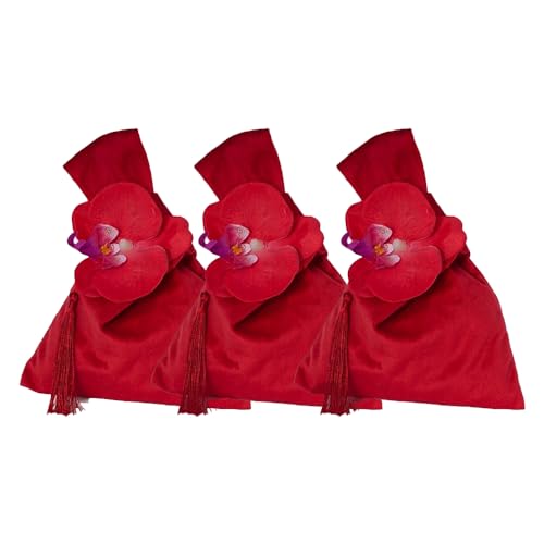 Pokinge 3 borse da polso giapponesi in velluto rosso, a forma di fiore, borse da polso in velluto con nodo per zucchero, borse per gioielli con nappa, per feste di nozze
