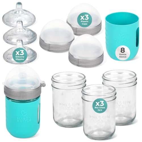 Image of Mason Bottle 8oz Baby Glass Bottle Gift Set 3-Pack Complete Baby Bottle Kit | 3x Anti-Colic 8oz Glass Bottles, Slow Flow Nipples & Caps+Rings, 1x Silicone Sleeve, BPA-Free, Non-Toxic, Breastmilk Bottles