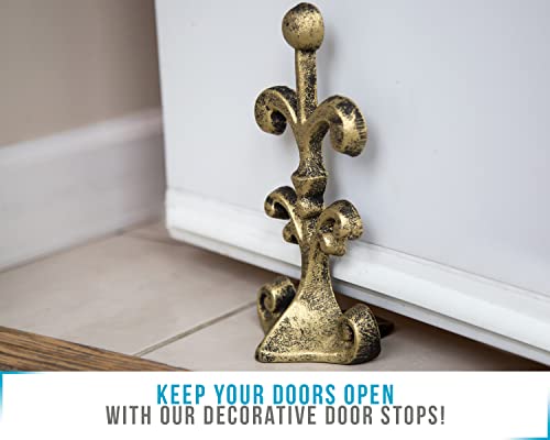 Fleur De Lis Cast Iron Door Stop | Decorative Door Stopper Wedge | With Padded Anti-Scratch Felt Bottom | Antique Vintage Design | Solid And Heavy Duty| 4X3.5X7.75" | Gold With Black By Comfify #TOP1