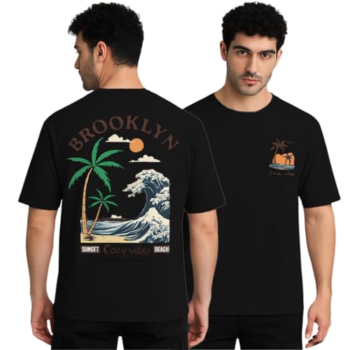 Image of SMOWKLY Authentics Men's Cotton Blend Brooklyn Beach Graphic Printed T Shirt || Crew Neck Pullover Tee || Casual Baggy Fit Urban Vacation Style (1674_BK_XL) Black