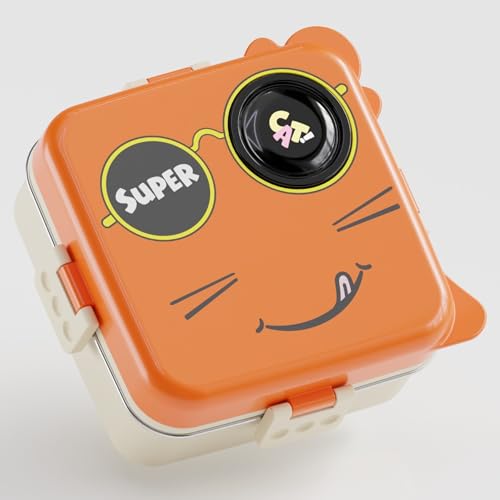 Image of 3 Compartment Lunch Box for Kids Boys Girls, Cartoon Cat Tiffin, Leakproof Stainless Steel Bento Box, 2 Layer Meal Box with Spoon & Snack Container, 1120ml + 70ml (Orange, Super Cat)
