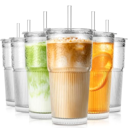 20oz Wave Ribbed Glass Tumbler with Lid and Straw – Iced Coffee Glasses Cups for Smoothie, Matcha, Juice, Water etc. Leakproof and Reusable Glassware Drinking for Daily & Travel To Go [6Pcs]