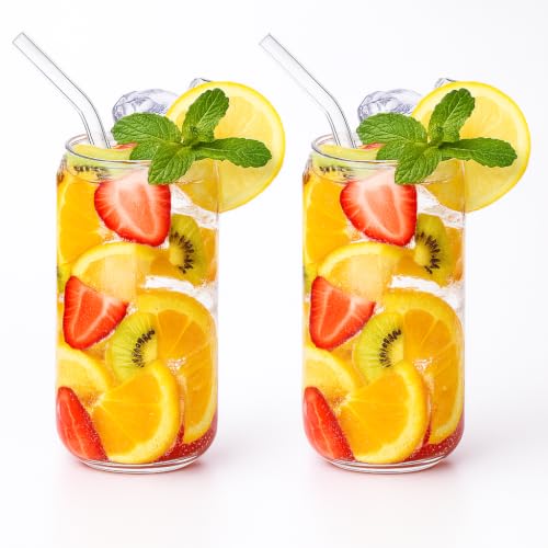 Image of Can Shape Glass Cups with Glass Straw - 510ml, Set of 2, Can Shaped Beer Glass, Drinking Glasses, Iced Coffee Glasses, Whiskey Cocktail Glasses, Juice Water Cup, Glass Tumbler, Beverages Cup