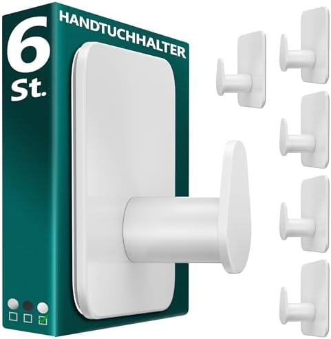 Menz Handtuchhalter ohne Bohren aus Edelstahl, 6 Stück, Weiß | Robuste Badezimmer Handtuchhalter, ovale Klebehaken, Haken fürs Bad, Haken selbstklebend, ideal als funktionale Handt