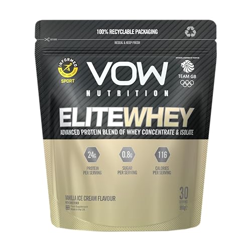 VOW Nutrition EliteWhey Protein, Whey Isolate and Concentrate, 30 Servings, Premium Protein with Naturally Occurring BCAAs, Informed Sports Approved (900g, Vanilla Ice Cream)