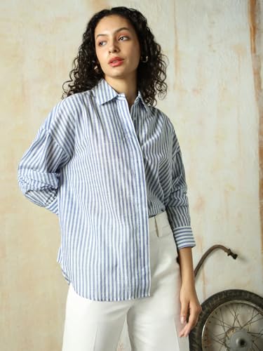 Image of HIGH Star Oversized Striped Cotton Shirt for Women | Stylish Tops for Women | Comfortable and Trendy Casual Shirt