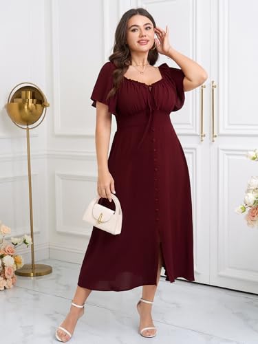 Image of Womens Plus Size Dress Square Neck Smocked Button Down Tie Front Split A-Line Maxi Long Dresses