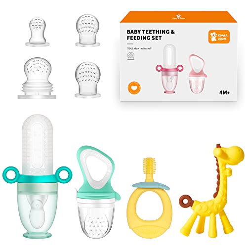 Image of KoalaZoom Baby Teething Toy with Baby Food Feeder Fruit Feeder Pacifier, Baby Silicone Toothbrush Teether and Silicone Squeeze Baby Spoon Feeder for Self Feeding, Baby Feeding Supplies First Stage