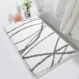 Tititex Luxury White Grey Line Bathroom Rug, 20x32 inch Classic Extra Soft and Absorbent Microfiber Bath Rugs, Non-Slip Plush Shaggy Bath Carpet, Bath Mats for Bathroom Floor, Tub and Shower