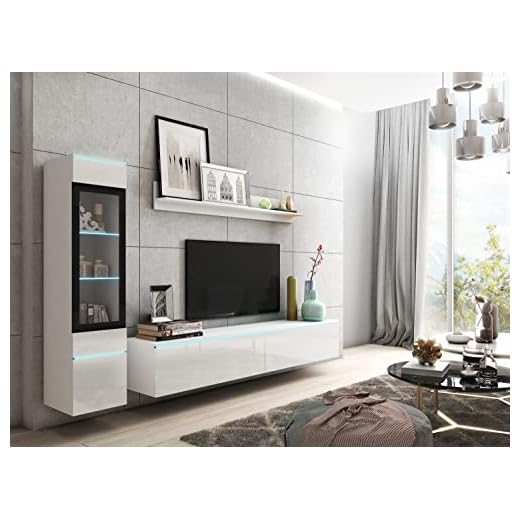 PIASKI Conjunto de Muebles de salón Vera I, iluminación LED Opcional, Juego de Muebles de salón, Distintos Colores (Blanco Brillo, con iluminación LED)