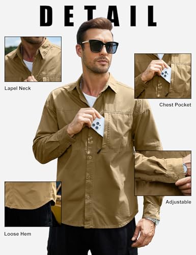 Eisctnd Men's Long Sleeve Tactical Work Shirts, Outdoor Casual Button Down Shirt with Zipper Pockets for Hiking, Safari3