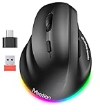 MEETION Linkshänder-Maus, Ergonomisch, Kabellos, Vertikal, RGB für Bluetooth (5.2 + 3.0) und USB-A Mit Typ-C-Adapter, 4 Einstellbare DPI, für Mac/Windows/PC/Tablet/iPad, Schwarz