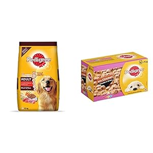 Pedigree Adult Dry Dog Food, Meat & Rice, 10kg Pack & Puppy Wet Dog Food, Chicken Chunks in Gravy, 70 g (Pack of 15)