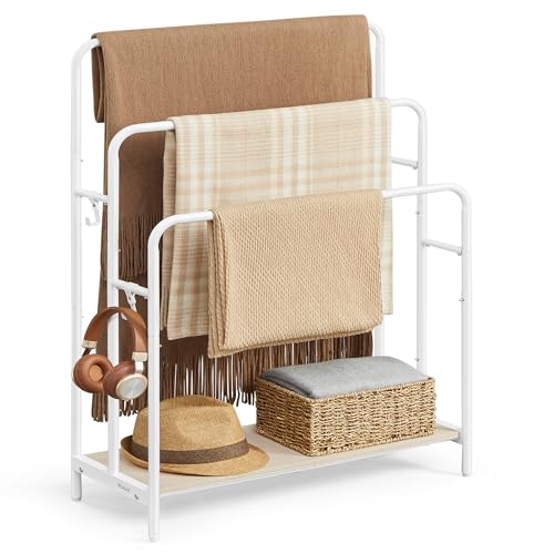 VASAGLE Porte Serviette Salle de Bain, Range Serviette, sur Pied, 3 Barres, 70 x 30 x 100 cm, 2 Crochets, Étagère de Rangement, Blanc Mat et Beige Naturel...