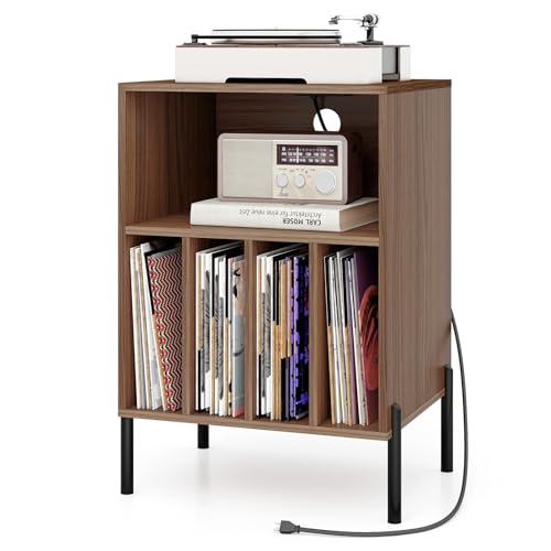 COSTWAY Meuble Tourne-Disque Vinyle avec Prise, Support Platine Vinyle pour 150 Albums, Station de Charge, 2 Ports USB, Ports Type-C, 4 Séparateurs, Bout de Canapé avec Compartiment (Noyer)