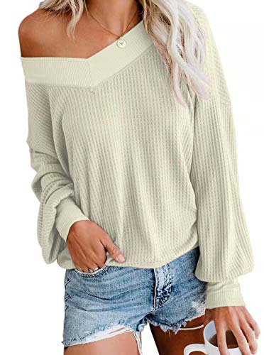 Long Sleeve T Shirt Women Fall Tops Cute Casual Sweatshirts Waffle Knit Beige