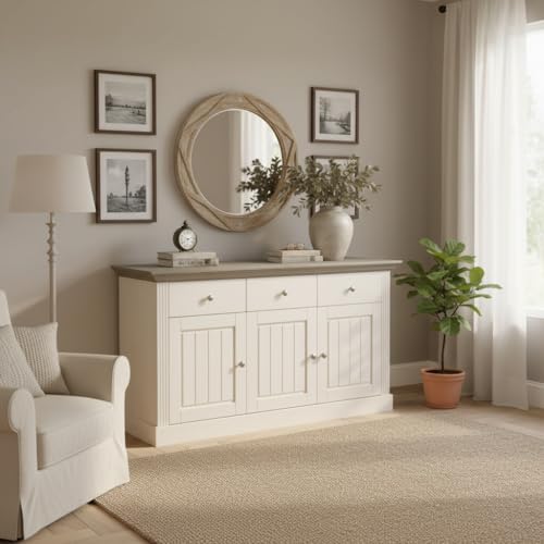Image of APRODZ Solid Wood Alegre Sideboard 3 Door Storage Cabinet for Living Room | White