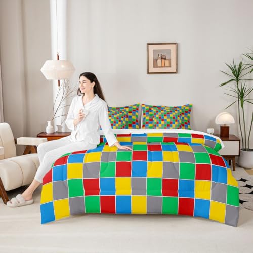Image of Erosebridal Geometric Checkered Full Bedding Set 7 Piece Colorful Checkerboard Bed in A Bag with Sheets Rainbow Plaid Comforter Set for Kids Adults,Red Blue Green Yellow Grids Bed Sets