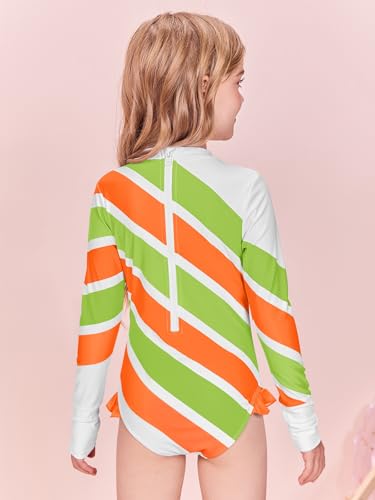 Image of Girls Long Sleeve One Piece Swimsuit Kids Multicolor Rash Guard Zipper Bathing Suits 5-14 Years