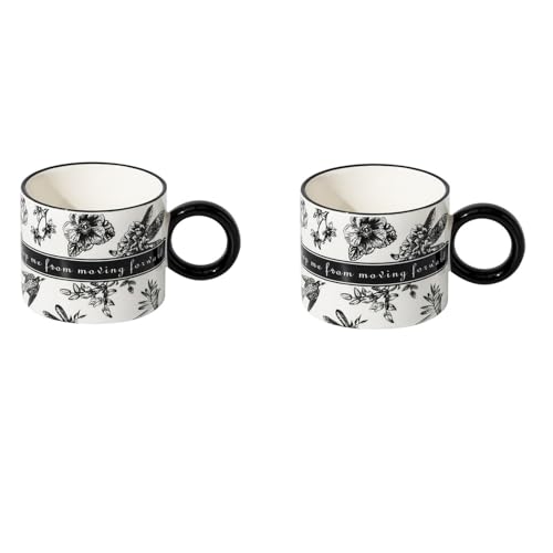 YT-KOKE Tazze in Porcellana con Motivo Floreale Nero Retrò, Confezione da 2 Tazze da Tè da Caffè in Ceramica con Manico, Tazze per Bere per Latte, Tè, Cacao