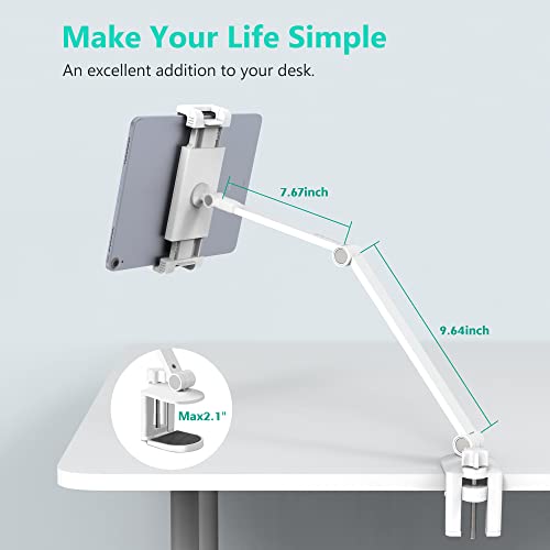 Image of iPad Desk Mount, Adjustable Tablet Holder Clamp, 360 degree Rotation, Sturdy Aluminum Tablet Arm Mount for 4.7 inch-13 inch iPad Pro /Air /Mini, iPhone, Galaxy Tab, for Kitchen, Work, Video Call(White)