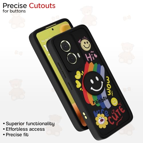 Image of Pikkme Back Cover for Motorola Moto G85 5G | Soft Silicone| Cute Rainbow Smile & 3D Cartoon Flower Design | Shockproof Raised Camera Protection Bumper Case (Black)