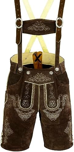 Klederdracht Lederhose voor heren, met bretels, donkerbruin, maat 46-60, klederdrachtbroek, voor Oktoberfest, donkerbruin, 48W (Kort