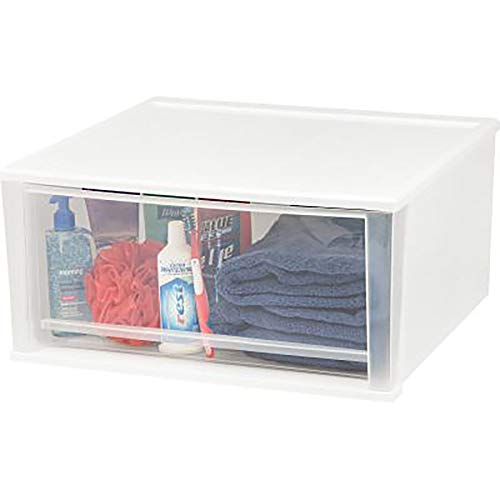 IRIS USA 7 Qt. Plastic Drawer Storage Organizer Stacking Drawers, 4-Pack, Stackable Unit with Sliding Drawer for Clothes Bedroom Kitchen Under Sink Pantry Craft Room Bathroom Dorm Office, White