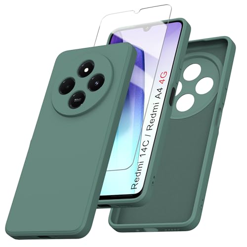 ARRYNN Funda para Xiaomi Redmi 14C 4G (6.88') con Cristal Templado Protector de Pantalla,Verde Ultra Slim Protectora Funda de Silicona Líquida Suave Case Cover - Verde1