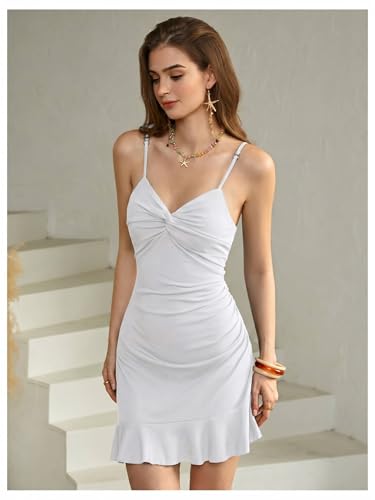 Image of Floerns Women's Summer Tropical Twist Front Ruched Ruffle Hem Bodycon Cami Dress