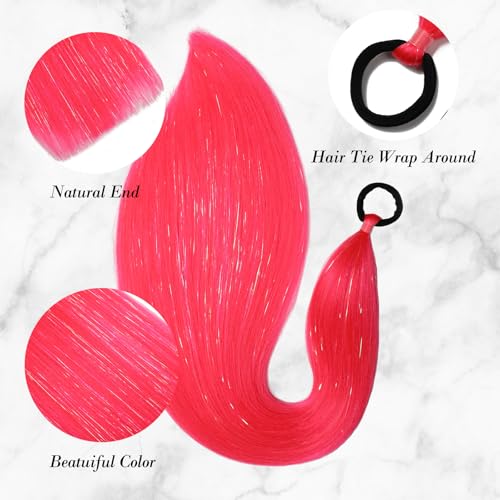 CenXRui Pink Hair Extensions with Tinsel, 26" Long Sparkly Colorful Braiding Hair for Softball, Cheer & Spirit Week, Reusable Colored Hair Extensions for Crazy Hair Day, 2 Pack (Hot Pink) — view 3