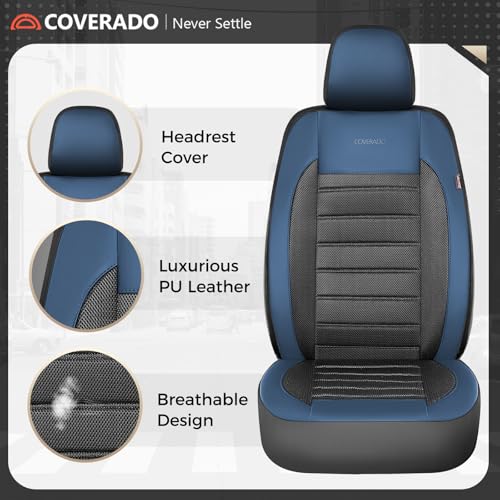 Image of Coverado Car Seat Covers Front Seats, Luxury Leather Car Seat Covers, Automotive Mesh Seat Covers 2 Pack, Airbag-Compatible, Black Blue Seat Covers for SUV Sedan Truck