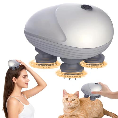 RNPKZ Elektrisches Kopfmassagegerät Kopfmassagegerät Elektrisch IPX7 Wasserdicht Katzen Massagegerät mit 4 Massageköpfen Kopfhaut-Massagegerät für Ganzkörpermassage HundeköRper Haarwachstum (Silber)