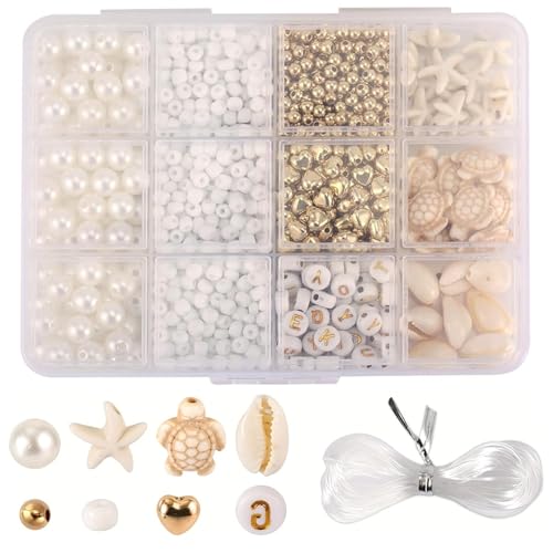 ZhouWei 1300 Pièces Kit Fabrication Bracelets Plage, Perles Pour Bracelet avec Cordon Kit Perles Coquillages Cour Tortue Étoile de Mer Coquillage Thème Plage Perle Forme, pour DIY Colliers Bijoux