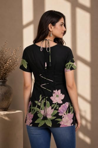Image of Women's Floral Laila Cut Short Kurti Cotton V-Neck with Lining, Lightweight Short Sleeve Tunic, Breathable, Casual & Office Wear