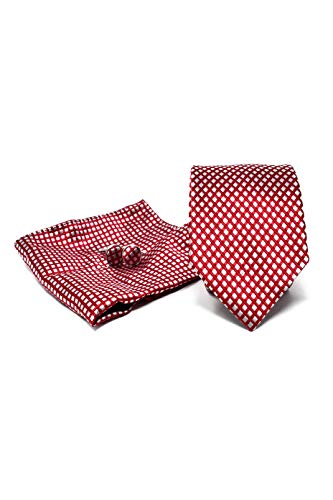 Oxford Collection Coffret Ensemble Cravate Homme, Mouchoir de Poche, Boutons de Manchette à carreaux Rouge - 100% en Soie - Classique, Elégant et Moderne - (Idéal pour un cadeau, un mariage.) Cover
