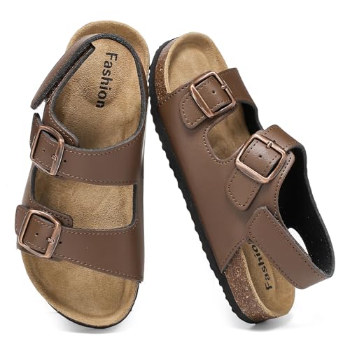 XTJSCBDSH Toddler Kids Sandals Boys Girls Cork Footbed Sandals with Back Strap Comfort Leather Adjustable Double Buckle Slip On Slippers Slide Open Toe Summer Flats Dress Shoes