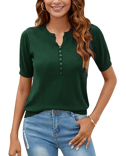 Image of Women Summer Knit Shirt Blouse V Neck Short Sleeve Pullover Sweater Tops