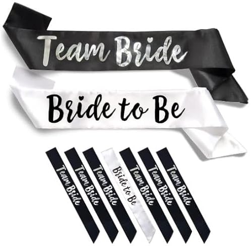 GDTO8820 Team Bride 7pc Satin Sash Set - Sophisticated & Fun Party Favors for Bachelorette Party, Bridal Shower & Wedding Party (7pc Set, White & Black)