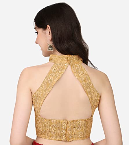 Image of Pujia Mills Women's Halter Neck Chickenkari Work Readymade Saree Blouse