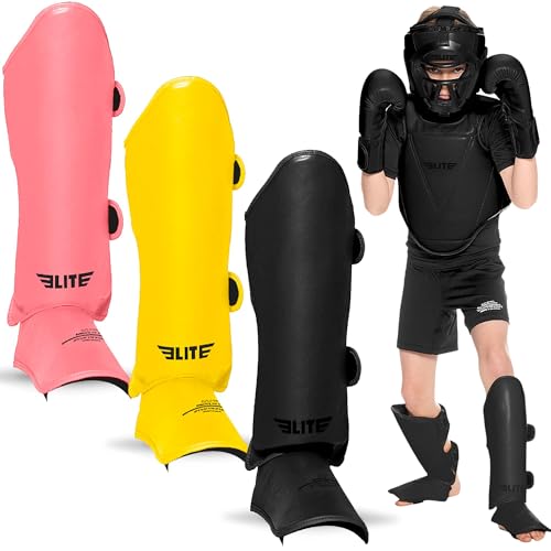 Elite Sports Muay Thai MMA Kickboxing Boys and Girls Shin Guards for Age 4 to 14 Years, Instep Guard Sparring Protective Leg Shin Kick Pads for Kids (Large, Black) by Elite Sports - Used condition - US$37.57