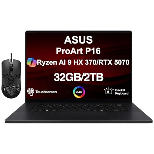 Image of ASUS ProArt P16 Creator Laptop 16.0 inch 3K 120Hz OLED Lumina Touch Display (AMD Ryzen AI 9 HX 370, 32GB LPDDR5X, 2TB SSD, GeForce RTX 5070, Backlit KB, WiFi 7, Win 11 Pro) w / ASUS TUF Mouse