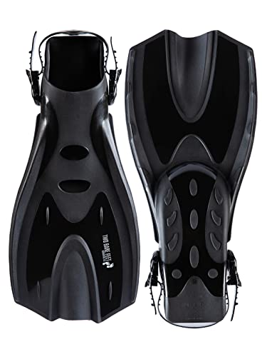 Two Bare Feet Adjustable Diving Fins Swim Snorkel & Scuba Fins for Adults Full Foot Flippers with Easy Strap Ideal for Holidays Pool Sea & Water Sports (F70 Black L / XL (UK 9 - 13))