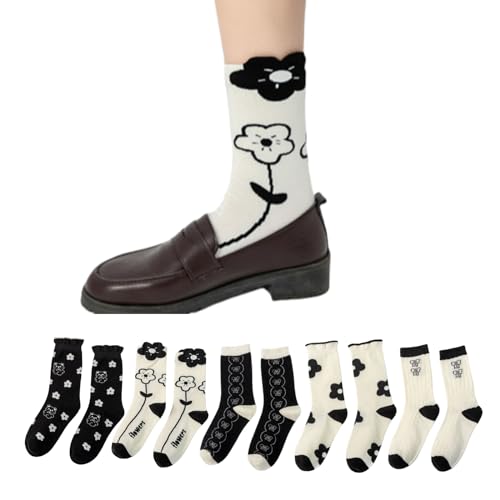 Flower Socks Women 5 Pairs Cute Retro Preppy High Ankle Cotton Sock Stripe Plaid Bow Socks