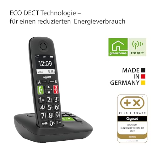 Gigaset E290A - Schnurloses Senioren-Telefon mit Anrufbeantworter und großen Tasten - großes Display, Zielwahltasten für wichtige Nummern, Verstärker-Funktion für extra lautes Hören, schwarz