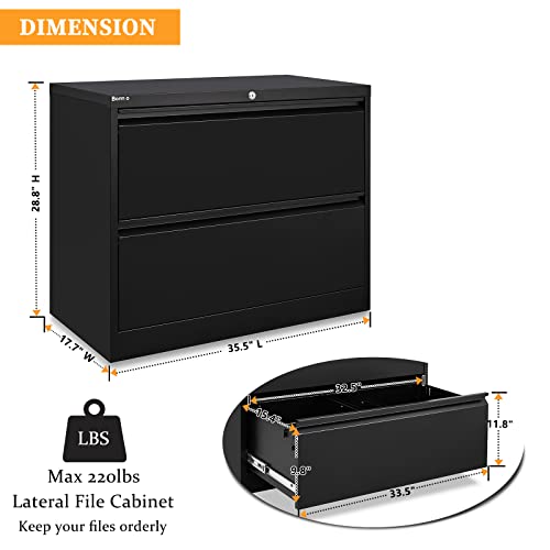 Bonnlo 35.5" Wide 2 Drawer File Cabinet With Lock, Black File Cabinets For Home Office, Metal Lateral File Cabinet & Printer Stand With Minimalist Design For Letter/Legal Size File Folders With Tabs #TOP2