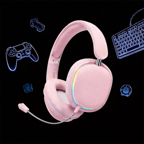 Image of Over-Ear Wireless Bluetooth Headphones with 5.3 Chip, 20H Playtime, 40mm Drivers, Foldable & Lightweight Design, RGB Lighting, Dual Mic for Clear Calls, Compatible with PC /Phone, SY-T3 Pink.