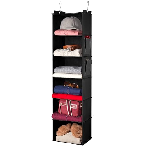 Hanging Closet Organizer - 6 Shelf Storage for Clothes, Sweaters, Shoes & Accessories - Space-Saving Wardrobe Shelves with Hooks for Dorm, RV & Small Closet Organization (Black)